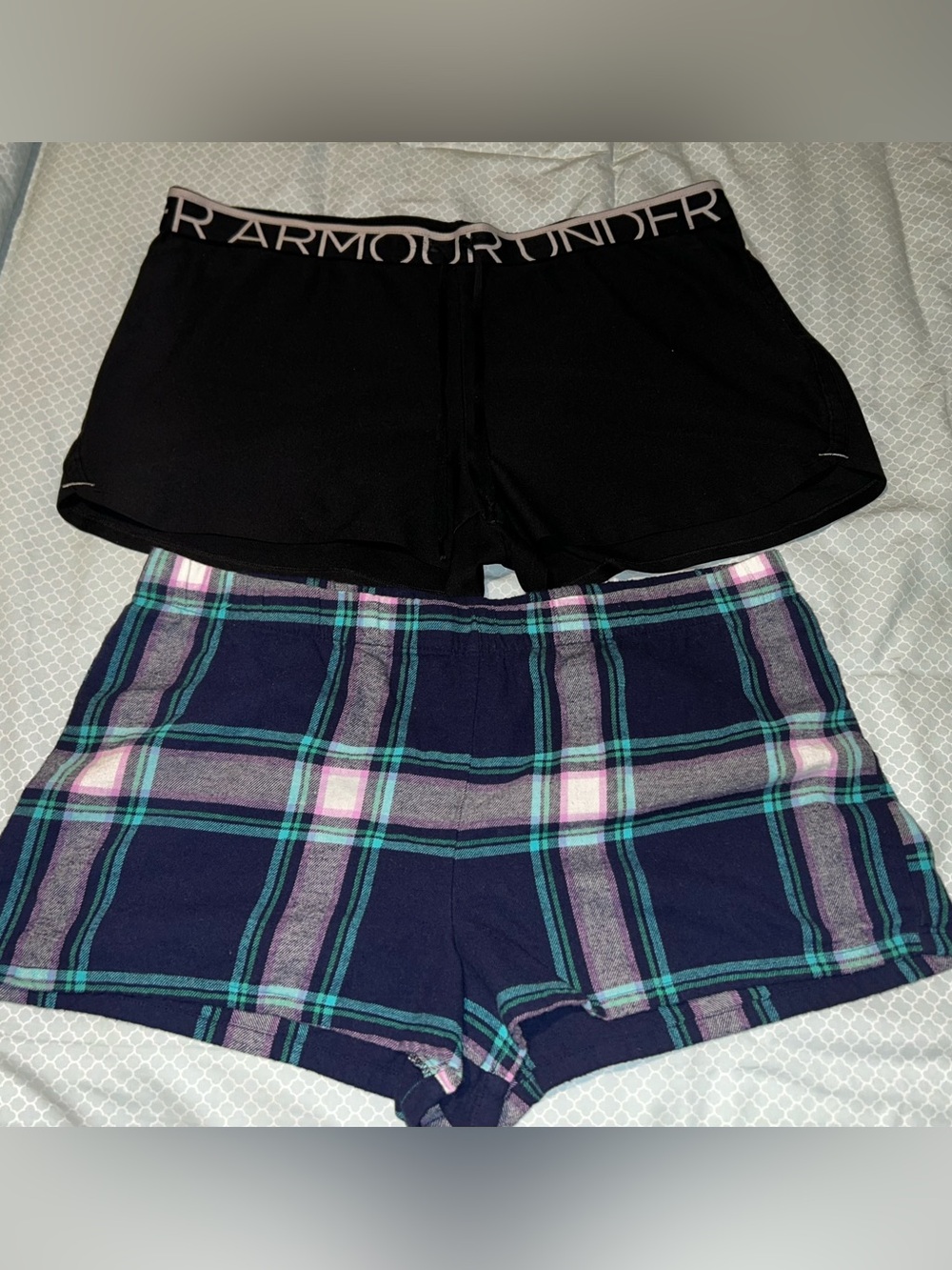 UA black shorts and Sonoma navy plaid shorts